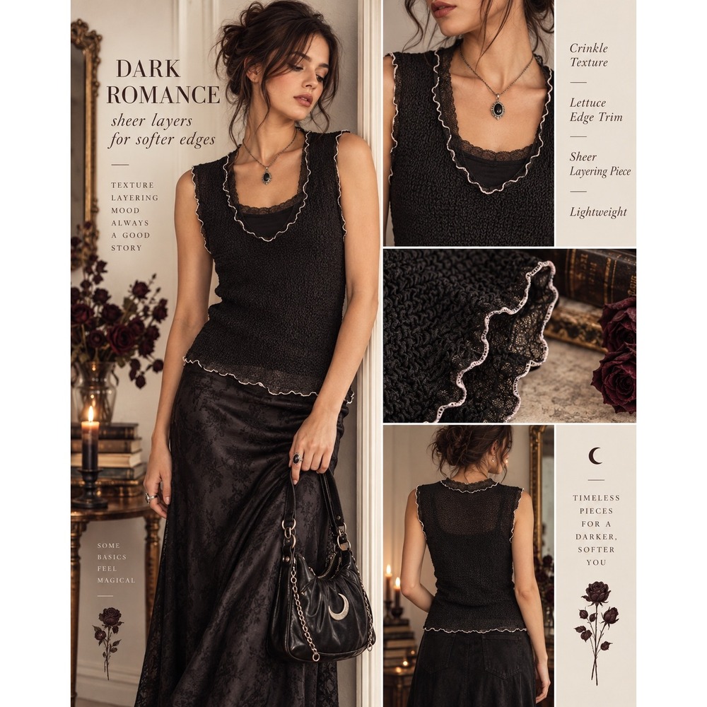 Black Lettuce Edge Crinkle Top M Sheer Sleeveless Soft Goth Whimsigoth